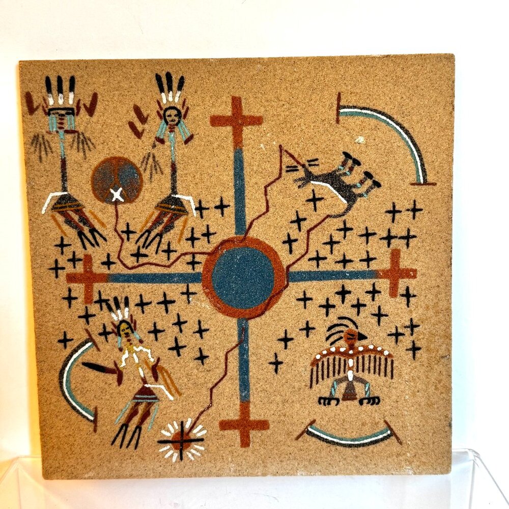 Navajo Indian Sand Art Creation Coyote Stealing Fire 8x8" Tile Todacheenie